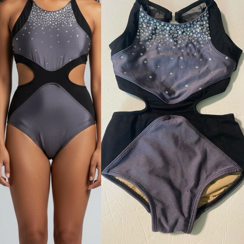 Custom solo dance costume leotard gray rhinestoned MC-Medium child